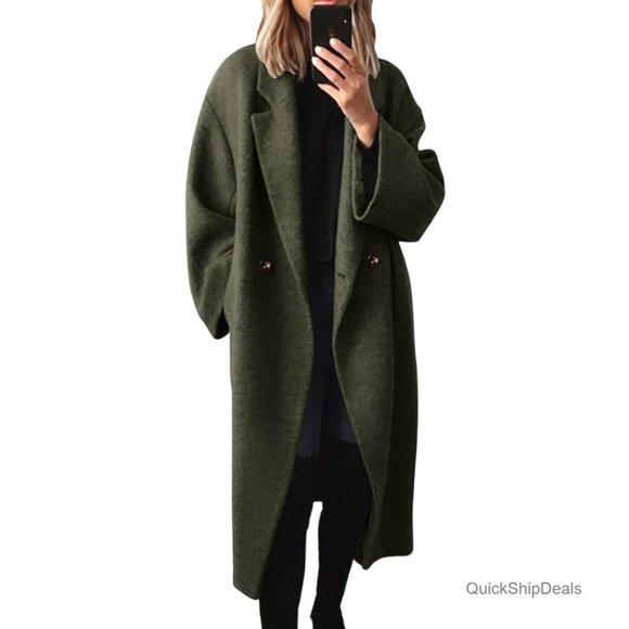Women's Winter Wool Pea Coat Double Breasted Notch Lapel Long Trench